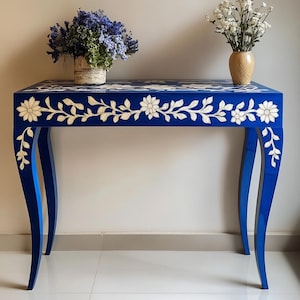 Handmade Bone Inlay Console Table | Camel Bone Inlay Entryway Table | Console Table | Bone Inlay Sofa Table | Buffet Table | Floral Pattern