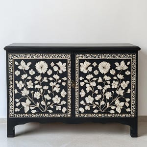 Handmade Bone Inlay Sideboard | Bone Inlay Credenza with Brass Knobs | Camel Bone Inlay Storage| Console Table With Storage | Entryway Table