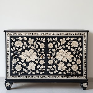 Handmade Bone Inlay Sideboard | Bone Inlay Credenza with Brass Knobs | Camel Bone Inlay Storage| Console Table With Storage | Entryway Table