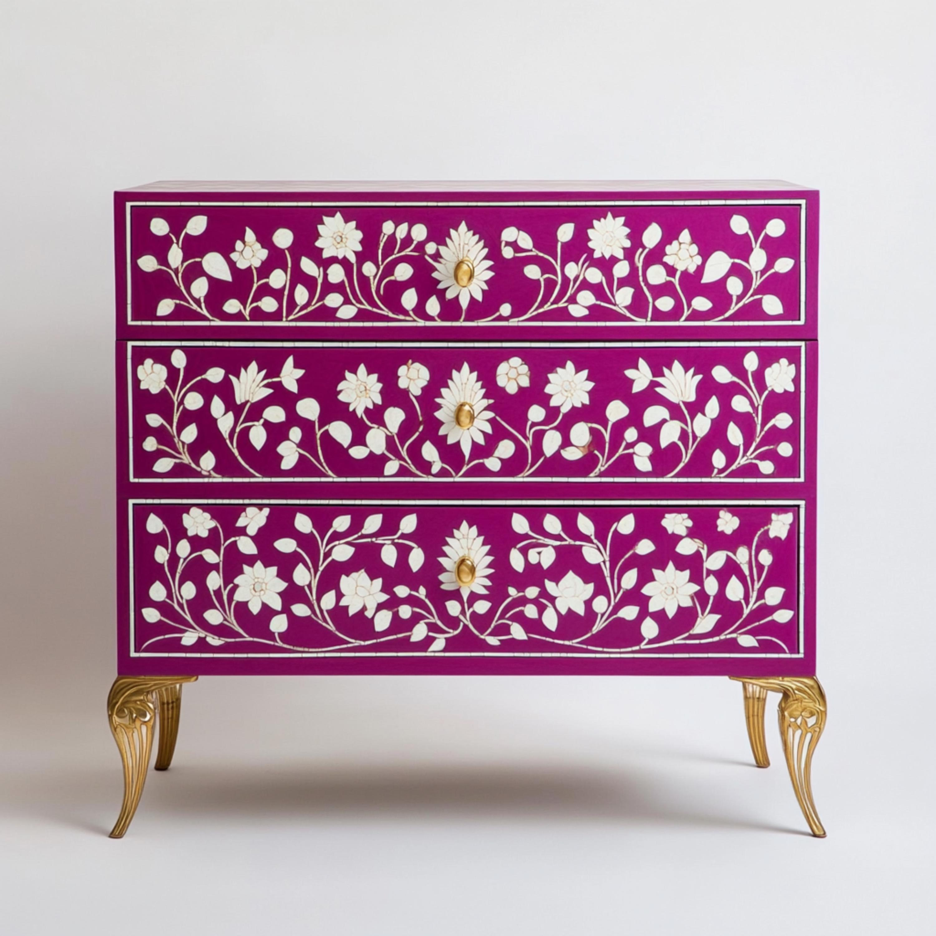 Handmade Bone Inlay Chest of Drawers | 3 Rectangular Drawers with Brass Finish Knobs | Camel Bone Inlay Dresser | Floral Chest of Drawers