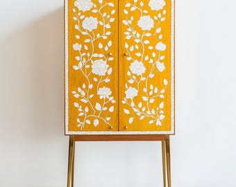 Handmade Bone Inlay Cabinet | Bar Cabinet with Brass Finish Knobs and large storage space | Dish Cabinet | Book Cabinet | Camel Bone Inlay