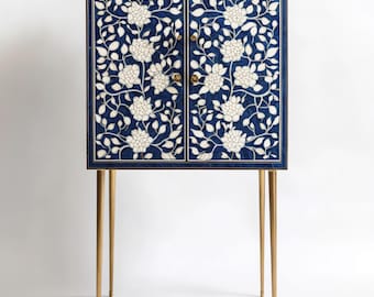 Handmade Bone Inlay Cabinet | Bar Cabinet with Brass Finish Knobs and Legs |Large Camel Bone Inlay Storage Unit |Dish Cabinet |Book Cabinet