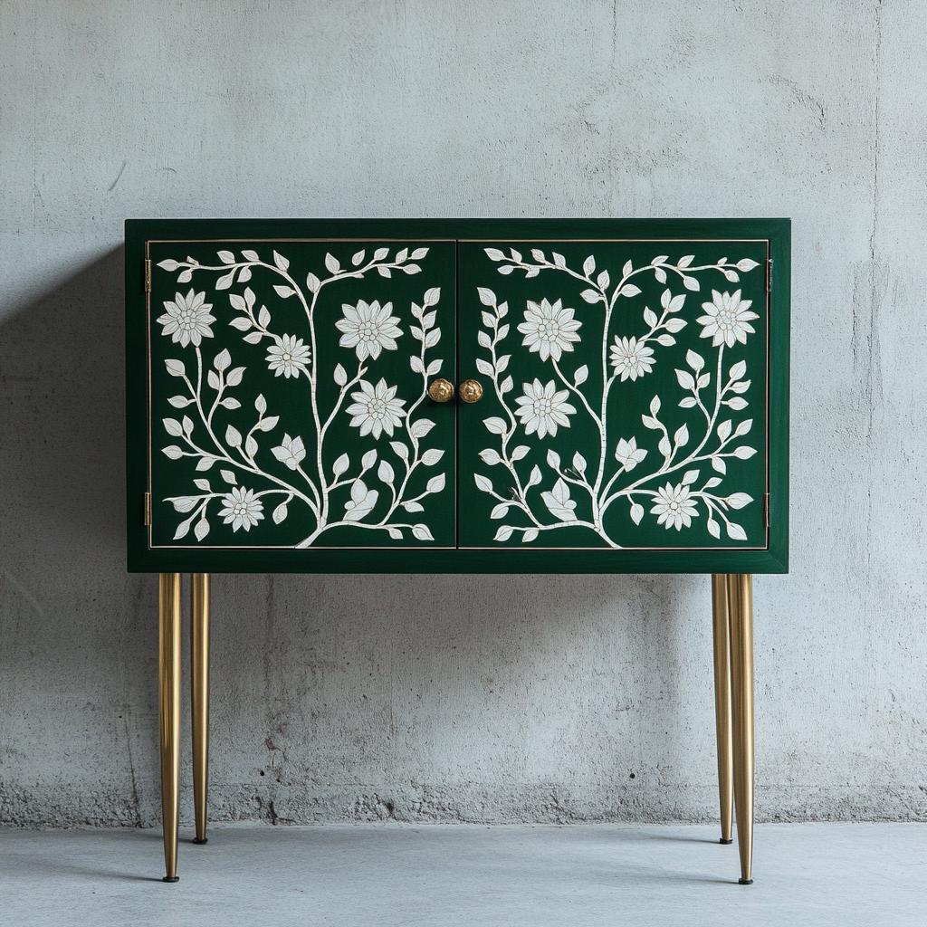 Handmade Bone Inlay Cabinet |Bar Cabinet with Brass Finish Handles and Legs |Dish Cabinet |Console |Camel Bone Entryway Table with Storage