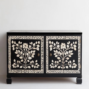 Handmade Bone Inlay Sideboard | Bone Inlay Credenza with Brass Knobs | Camel Bone Inlay Storage| Console Table With Storage | Entryway Table