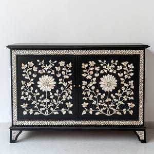 Handmade Bone Inlay Sideboard | Bone Inlay Credenza with Brass Knobs | Camel Bone Inlay Storage| Console Table With Storage | Entryway Table