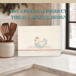 Puede incluir: Diseño digital con una ilustración caprichosa de un pollo. El diseño incluye un fondo crema con un patrón de rayas verticales, un borde floral azul y rosa, y el texto "NOT A PHYSICAL PRODUCT. THIS IS A DIGITAL DESIGN."