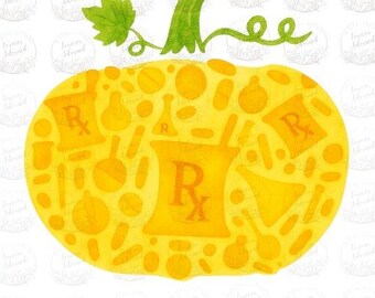 Diseño digital DTF de sublimación de calabazas con receta de farmacia