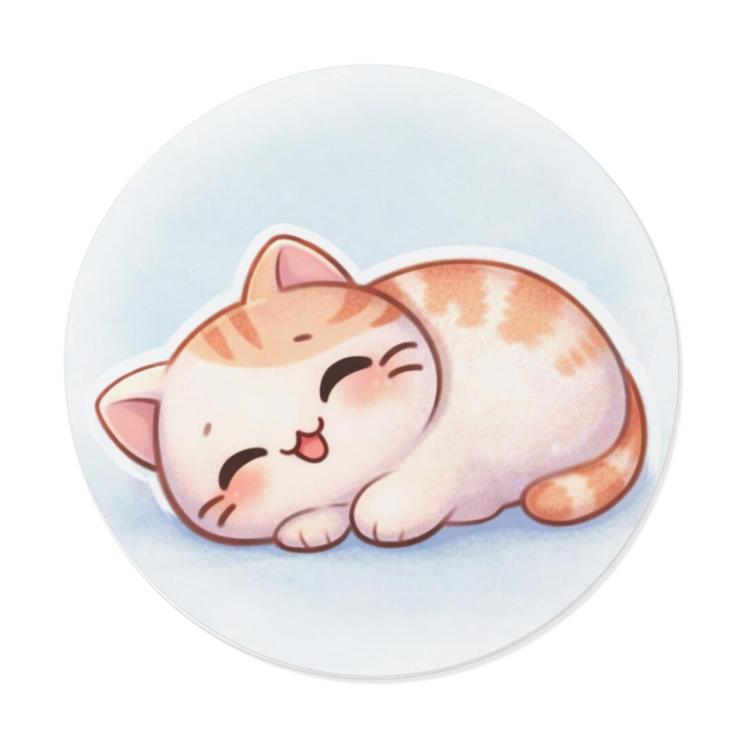 Sleeping Kawaii Cat Sticker, Smiling Chubby Kitty Vinyl Decal for ...