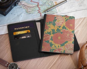 Funda para pasaporte RFID con diseño de peonía japonesa, cartera de viaje floral color coral, portapasaporte vintage Chiyogami y regalo de viaje para mujeres | asnyan