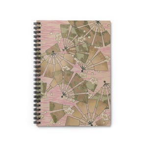 May include: Spiral-bound notebook featuring a repeating pattern of stylized fans in shades of tan, green, and brown against a pink background. The design includes white floral accents and a subtle wave pattern.