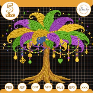 May include: An embroidered design of a tree with yellow, green, and purple leaves, adorned with beaded garlands and charms. The design includes the text "5 size" and various file format labels, set against a black grid background.