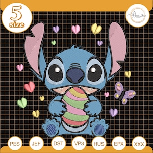 Puede incluir: Un personaje de dibujos animados azul sosteniendo un huevo de Pascua colorido, rodeado de formas de corazón y mariposa. La imagen incluye el texto "5 size" y varias abreviaturas de tipos de archivo.