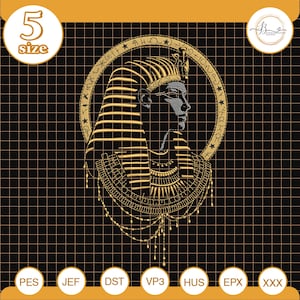 May include: Gold and black embroidery design of an Egyptian pharaoh in profile, surrounded by a circular frame with hieroglyphs. The design includes a crown, collar, and intricate details. The image also includes the text "5 size" and file type abbreviations.