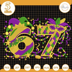 May include: An embroidered design featuring the numbers "67" in gold, purple, and green, adorned with stars, beads, and a masquerade mask. The design is set against a black grid background, with "5 size" in a circle.