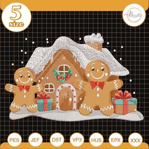 Könnte beinhalten: Ein gesticktes Design mit einem Lebkuchenhaus mit schneebedecktem Dach, zwei Lebkuchenmännern mit roten Fliegen und verpackten Geschenken. Das Design enthält den Text "5 size" und verschiedene Dateiformat-Labels.