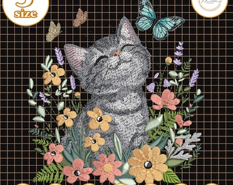 Florale Katze Stickdatei, süße Katze mit Blumen, Schmetterling Garten Katze, Frühlings Katzen Design, Tier Freund Geschenk, gemütliches Katzen Geschenk