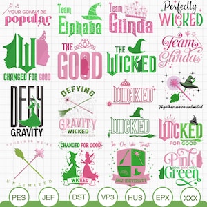 Könnte beinhalten: Eine Sammlung digitaler Designs mit Text und Grafiken in Pink und Grün. Die Designs enthalten Sätze wie "Perfectly Wicked", "Team Glinda" und "Defying Gravity". Hexenhüte, Silhouetten und ein Universitätswappen sind ebenfalls vorhanden.