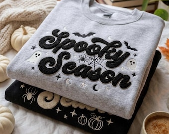 Gruseliges Herbst-Sweatshirt mit Garnstickerei, kuscheliges Herbst-Sweatshirt, Kürbis-Pullover mit Spinnennetz-Motiv, Halloween-Geschenk