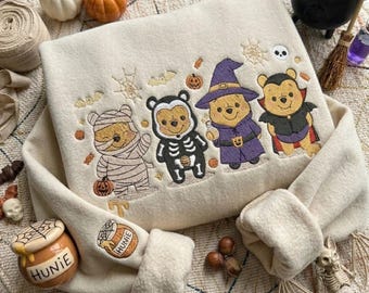Personalisiertes Winnie Puuh Halloween-Sweatshirt mit Stickerei, Puuh-Kostüm-Kürbis-Rundhalsausschnitt, süßes Disney-Geschenk, gruseliges Halloween-Shirt
