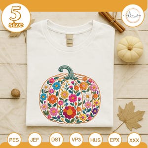 Floral Pumpkin Embroidery File, Colorful Halloween Pumpkin Embroidery Design, Fall Harvest Pumpkin Shirt Idea, Fall Pattern Design