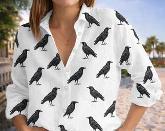 Halloween-Hawaiihemd mit Krähenmotiv, Rabenhemd mit Knöpfen, Gothic-Hemd mit Naturvogelmotiv, Oberteil für die Gruselsaison
