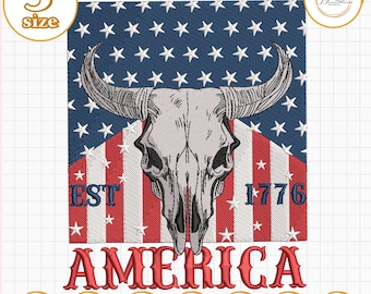 Wzór haftu z czaszką byka w Ameryce, plik haftu patriotycznego w stylu western, wzór czaszki z flagą USA, wzór kowboja w stylu amerykańskim, prezent na 4 lipca