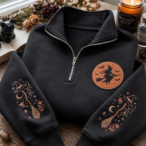 Halloween-häxa broderad tröja med kvarts dragkedja, häxliknande tröja, läskig kvastskjorta