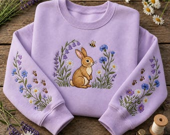 Sweatshirt mit Hasen- und Wildblumenstickerei, Rundhalsausschnitt mit Blumenmuster, Frühlingsshirt im Cottagecore-Stil, gemütliches Geschenk für den Herbst