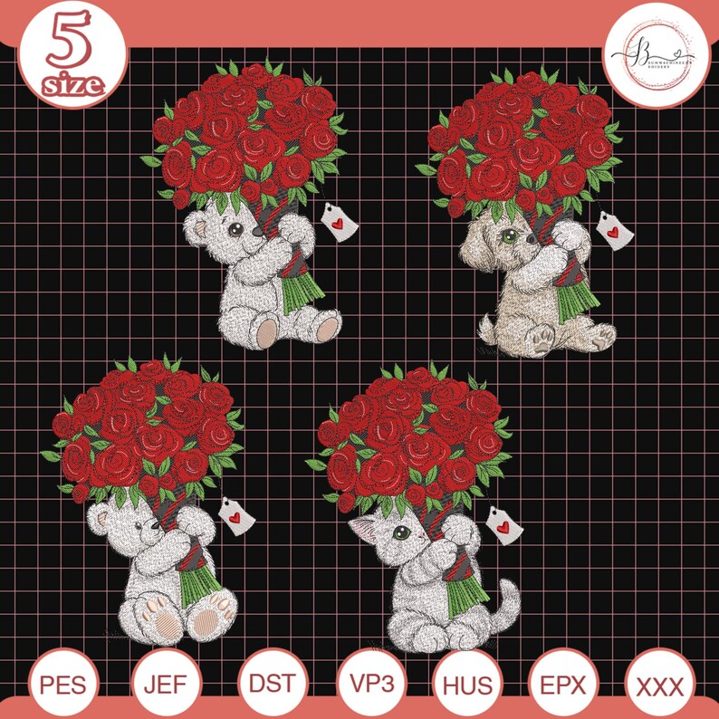 Valentine 2026 Animal and Rose Embroidery File, Happy Valentine’s Day ...