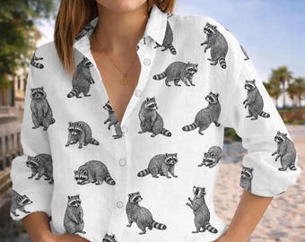 Hawaiihemd mit Waschbärmotiv, Jimothy Waschbär-Hemd mit Knöpfen, süßes Urlaubshemd mit Waldwaschbärmotiv