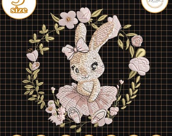 May include: An embroidered design featuring a seated bunny wearing a pink tutu and bow, surrounded by a floral wreath. The design is in shades of tan, pink, and green, set against a black grid background. The text "5 size" is in a white circle.