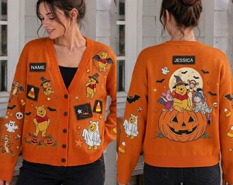 Personalisierte Winnie Puuh Halloween-Strickjacke, süßes Herbstshirt, Disney Halloween-Geschenk