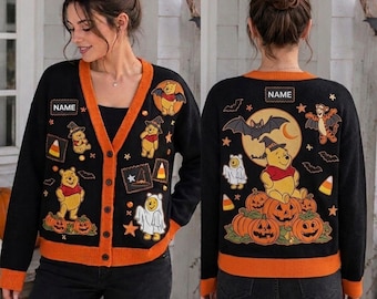 Personalisierter Winnie Puuh Halloween-Cardigan, Kürbis-Geister-Shirt mit individuellem Namen, Disney Halloween-Geschenk