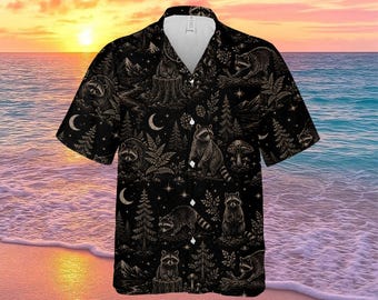 Hawaiihemd mit Waschbärmotiv, Hemd mit Waldtier-Knopfleiste, Urlaubshemd mit himmlischem Waldprint