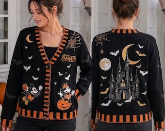 Personalisierter Mickey-Halloween-Cardigan, Mickey- und Minnie-Shirt mit Geisterschloss-Motiv, Disney-Halloween-Cardigan