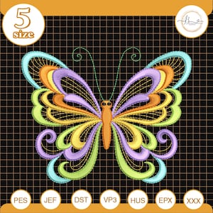Könnte beinhalten: Ein farbenfrohes Schmetterlingsdesign mit komplizierten Details in Orange, Gelb, Lila und Grün. Das Design befindet sich vor einem schwarzen Gitterhintergrund. Der Text "5 size" und verschiedene Dateiformatabkürzungen sind enthalten.