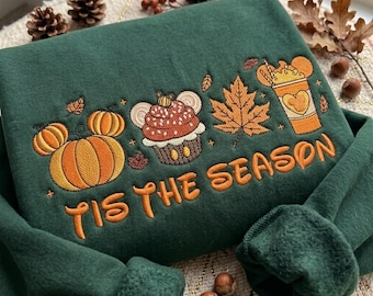 „Tis The Season“-Sweatshirt mit Stickerei, Kürbis-MK-Maus-Herbst-Rundhalsausschnitt, süßes Herbstlaub-Kaffee-Shirt