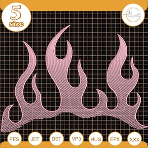 May include: Pink flame embroidery design with a textured fill, set against a black grid background. The design includes the text "5 size" in a white circle. The image also shows various embroidery file formats.