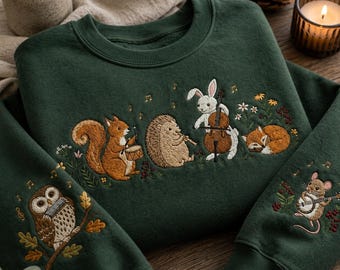 Herbstliches Sweatshirt mit Waldtier-Orchesterstickerei, Rundhalsausschnitt für gemütliche Jahreszeiten, Cottagecore-Herbstshirt mit Waldmotiv