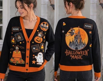 Personalisierter Mickey-Halloween-Cardigan, niedlicher Kürbis-Geister-Pullover, Disney-Halloween-Shirt, magisches Schloss-Halloween-Geschenk