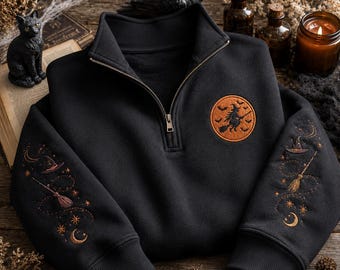 Hexen-besticktes Sweatshirt mit Viertelreißverschluss, Halloween-Besen-Motiv, Geschenk für die Gruselsaison