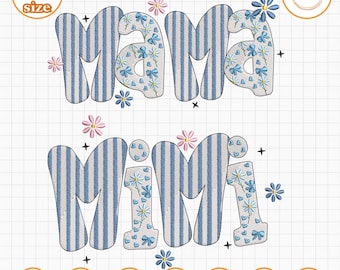 Mimi Mama Stickerei Design, blauer Blumenstreifen Oma Name, süße Gänseblümchen Mimi Kunstwerk, personalisiertes Großmutter Geschenk Design