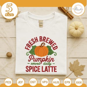 Motif de broderie latte citrouille épicée fraîchement brassée, fichier de broderie café automne, idée chemise pour Thanksgiving, motif automne