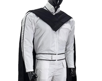 Custom White Mandalorian Flight Suit | Star Wars Cosplay Costume with Black Cape | Bounty Hunter Outfit Inspired by Din Djarin