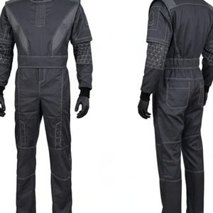 May include: A dark gray jumpsuit with contrasting stitching and geometric patterned accents on the sleeves. The jumpsuit features a high collar, a fitted waist, and multiple pockets. Includes black gloves and shoes.