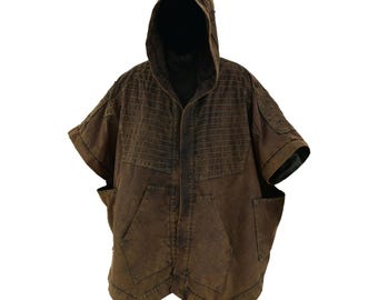 Hooded Brown Poncho | Stone Wash Cape with Hood | Retro Festival Cloak | Cosplay Costume Cape
