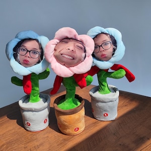 Könnte beinhalten: Drei Plüschblumen-Spielzeuge mit Gesichtern, jeweils in einer anderen Farbe: blau, rosa und blau. Die Blumen haben grüne Stiele, rote Akzente und sitzen in grauen oder braunen Töpfen. Jeder Topf hat ein Musiknotensymbol.