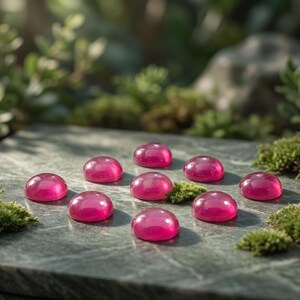 May include: Nine polished, oval magenta gemstones are displayed on a grey stone surface. The gems are smooth and translucent, reflecting light. Green moss and foliage surround the stone, creating a natural setting. The gems appear to be cabochons.