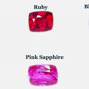 Puede incluir: Imagen que muestra seis piedras preciosas: Granate verde, Rubí, Zafiro azul, Tanzanita, Zafiro rosa y Peridoto. Cada gema es de un color diferente y tiene un corte cuadrado en cojín. Los nombres de las piedras preciosas están escritos encima de cada piedra.
