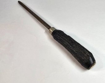 Afilador de cuchillos para trinchar de cuerno de ciervo negro antiguo, varilla de acero para afilar